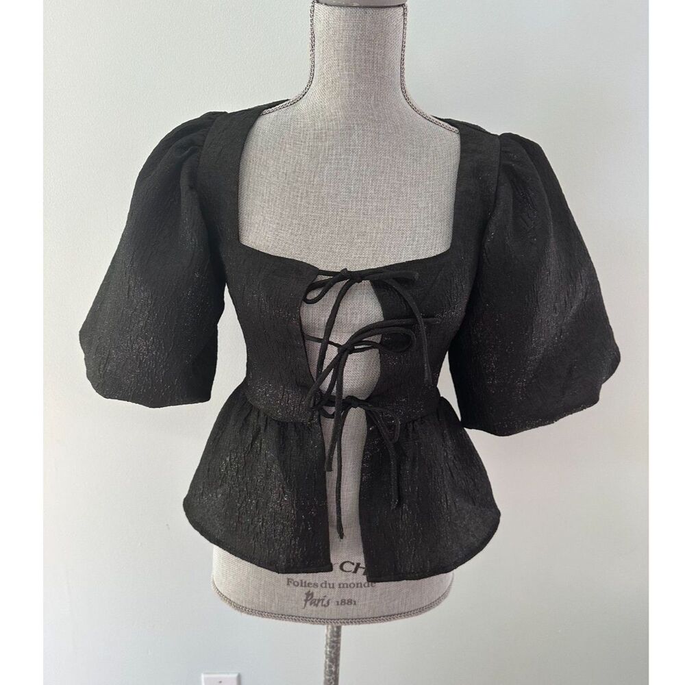 NWT H&M Black Tie-Front Blouse Size XS Puff Sleeve Babydoll Peplum Top Party